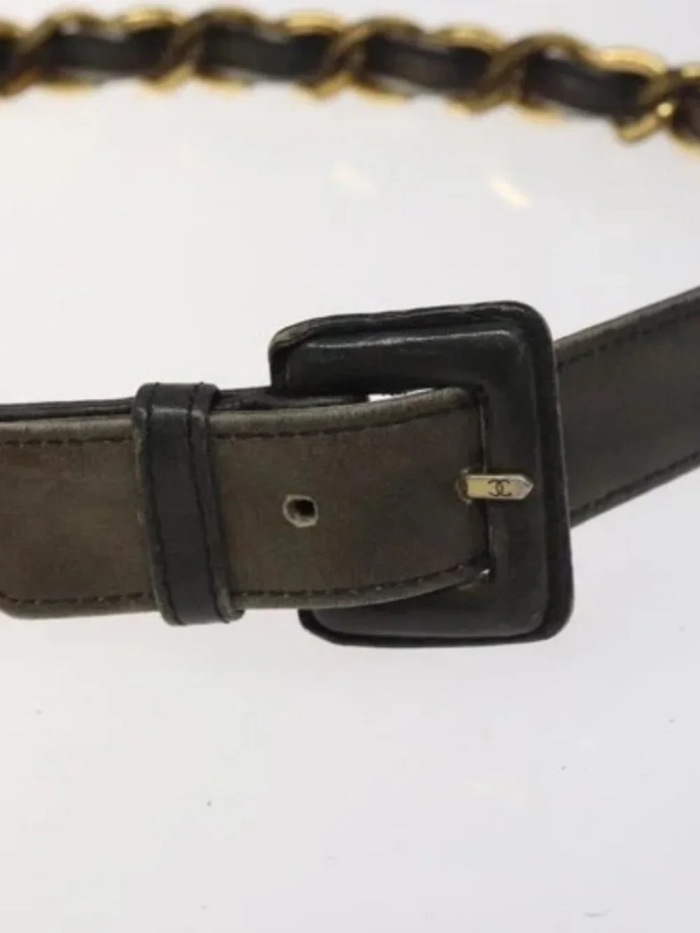 CHANEL Chain Belt metal Lamb Skin Black Gold CC Auth MY480